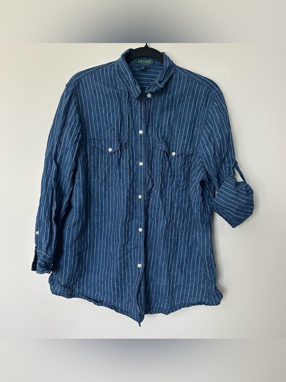 Lauren Ralph Lauren striped linen shirt Roll Tab Sleeves Classic Botton Down XL